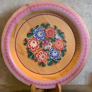 Vintage  Hand Painted Toleware  Wood Plate Signed